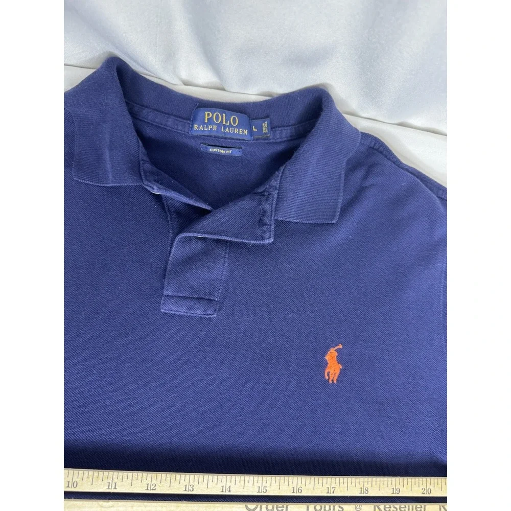 Polo Ralph Lauren Polo Shirt Men Large Navy Blue Custom Fit Orange Pony Pique‎